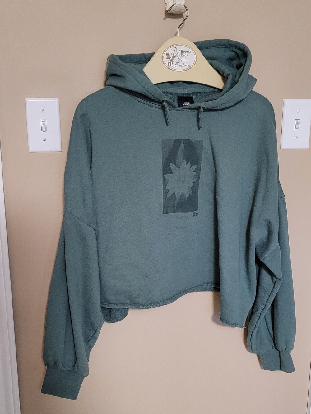 Vans  Sage Green Cropped Hoodie with Floral Print. Oversized